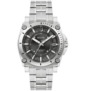 Bulova Precisionist horloge, zilveren band, zwarte wijzerplaat, datumweergave, 262 kHz