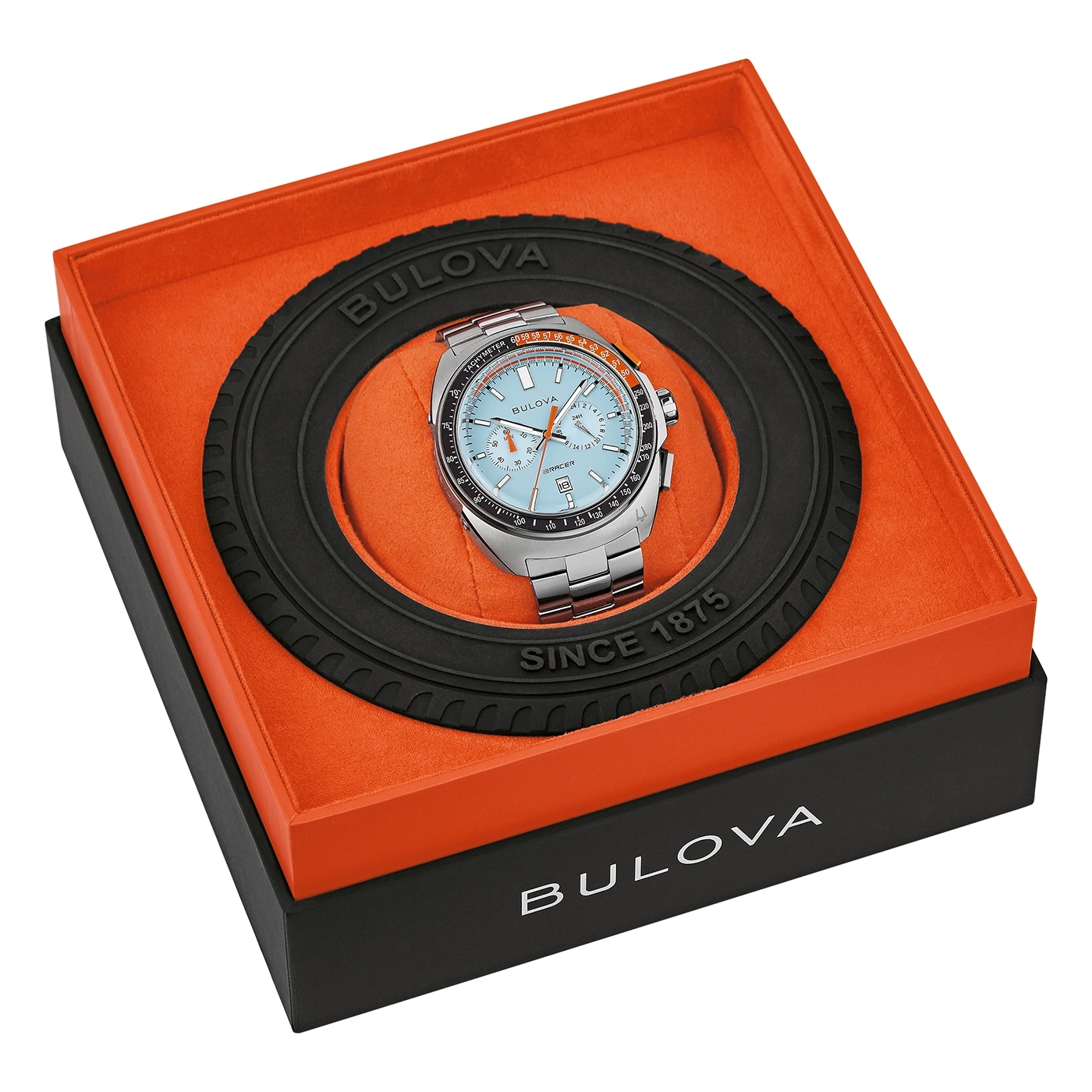 Bulova horloge in geschenkdoos met oranje binnenkant en zwarte band.