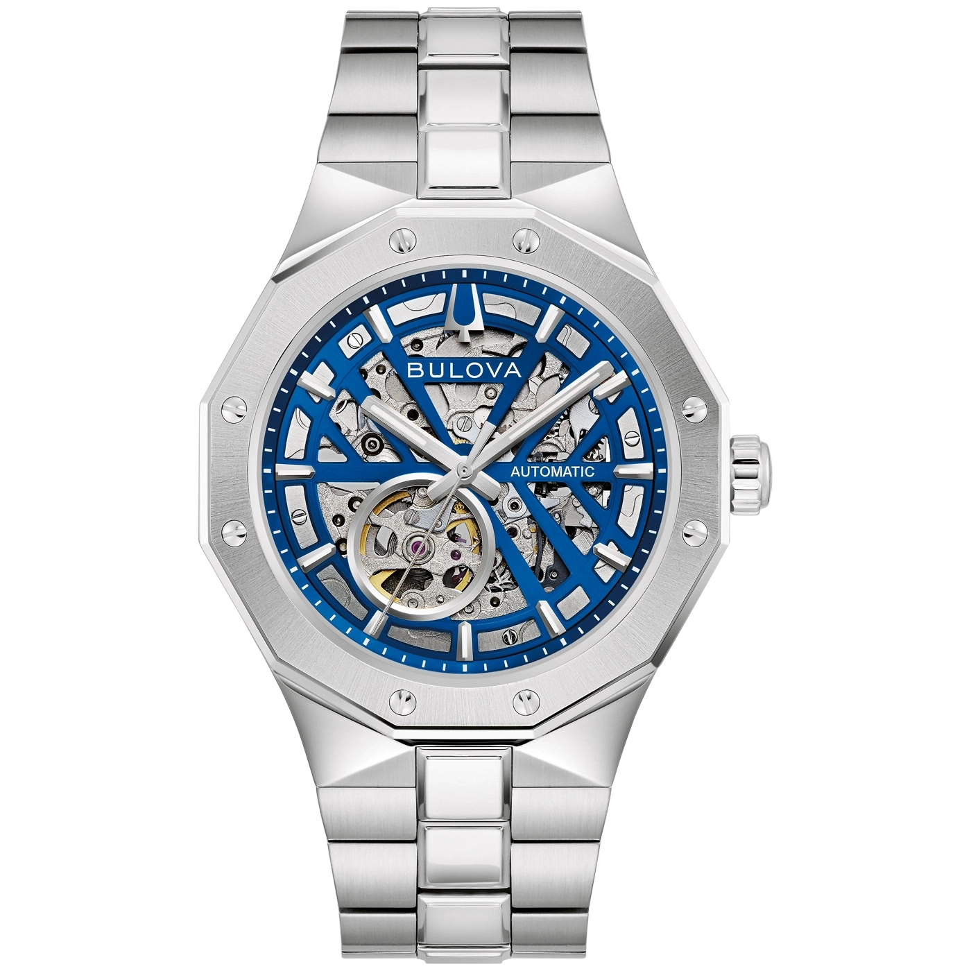 Zilverkleurig Bulova automatisch horloge met blauwe skeleton wijzerplaat en zilveren band