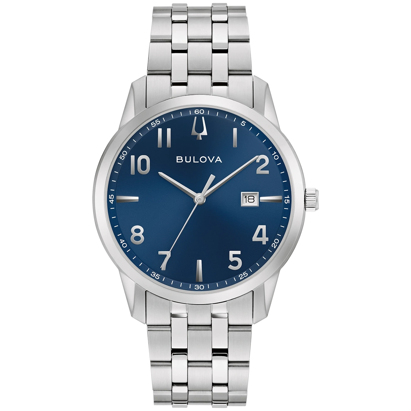 Een zilveren Bulova horloge met een blauwe wijzerplaat en datumaanduiding.