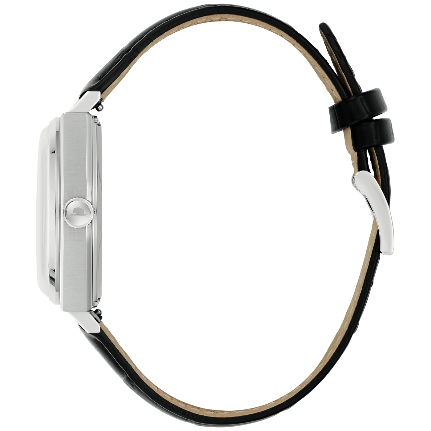 Zijaanzicht van een zilverkleurig rechthoekig horloge met een zwarte leren band.