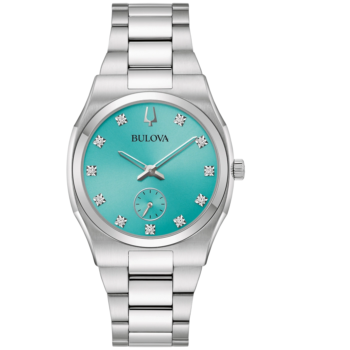 Bulova horloge met turquoise wijzerplaat en diamanten, zilveren armband.