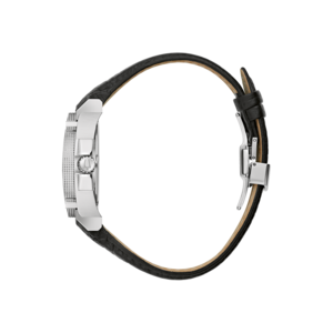 Horloge met zwart lederen band, zilveren kast, close-up, zijaanzicht, elegant