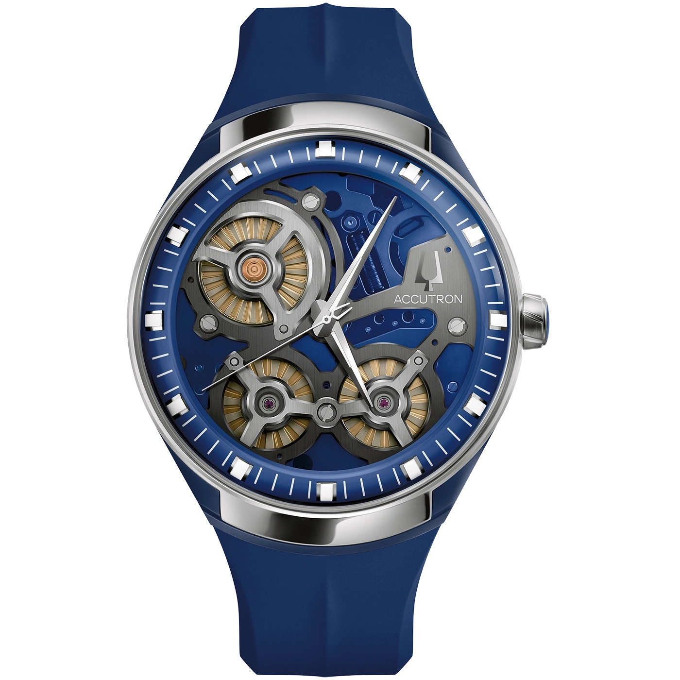 Blauw Accutron horloge met zilveren details en complex uurwerk ontwerp.