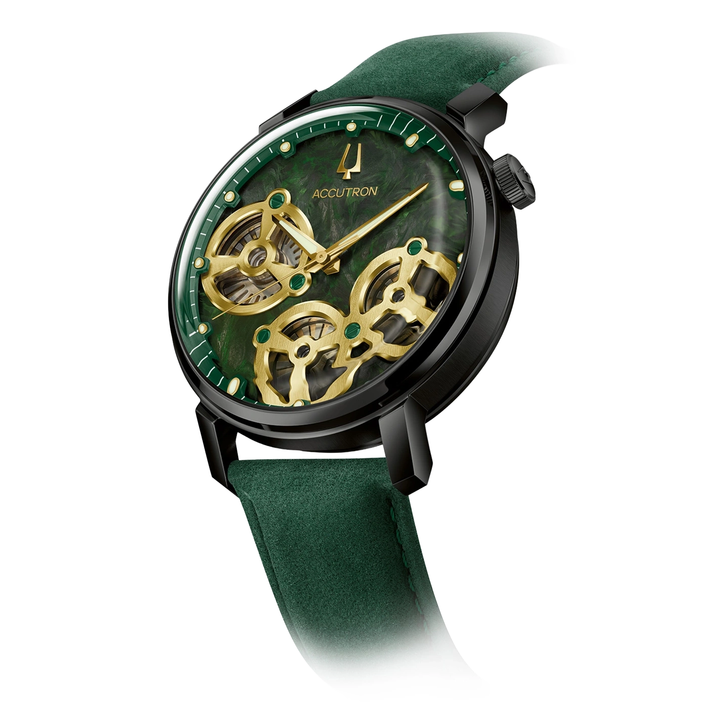 Groene Accutron horloge met gouden tandwielen en zwarte kast.
