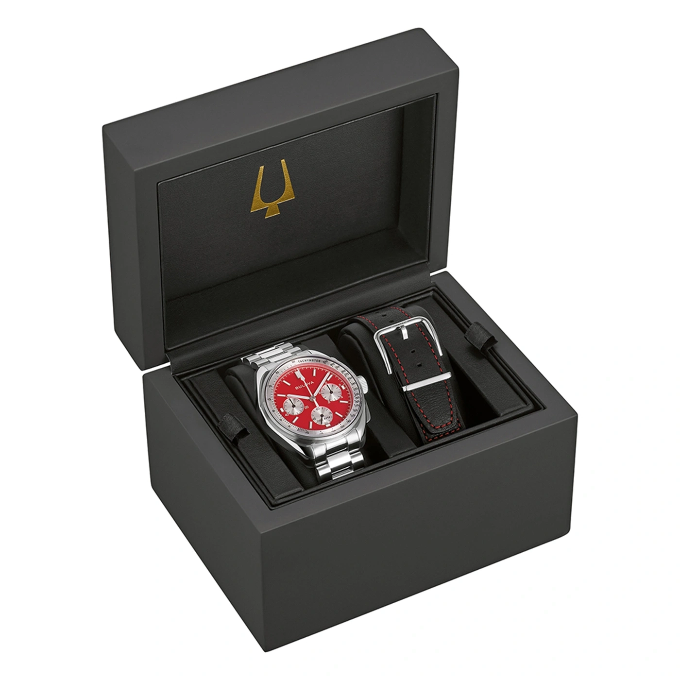Horloge in zwarte doos met rode wijzerplaat en armband, Bulova logo