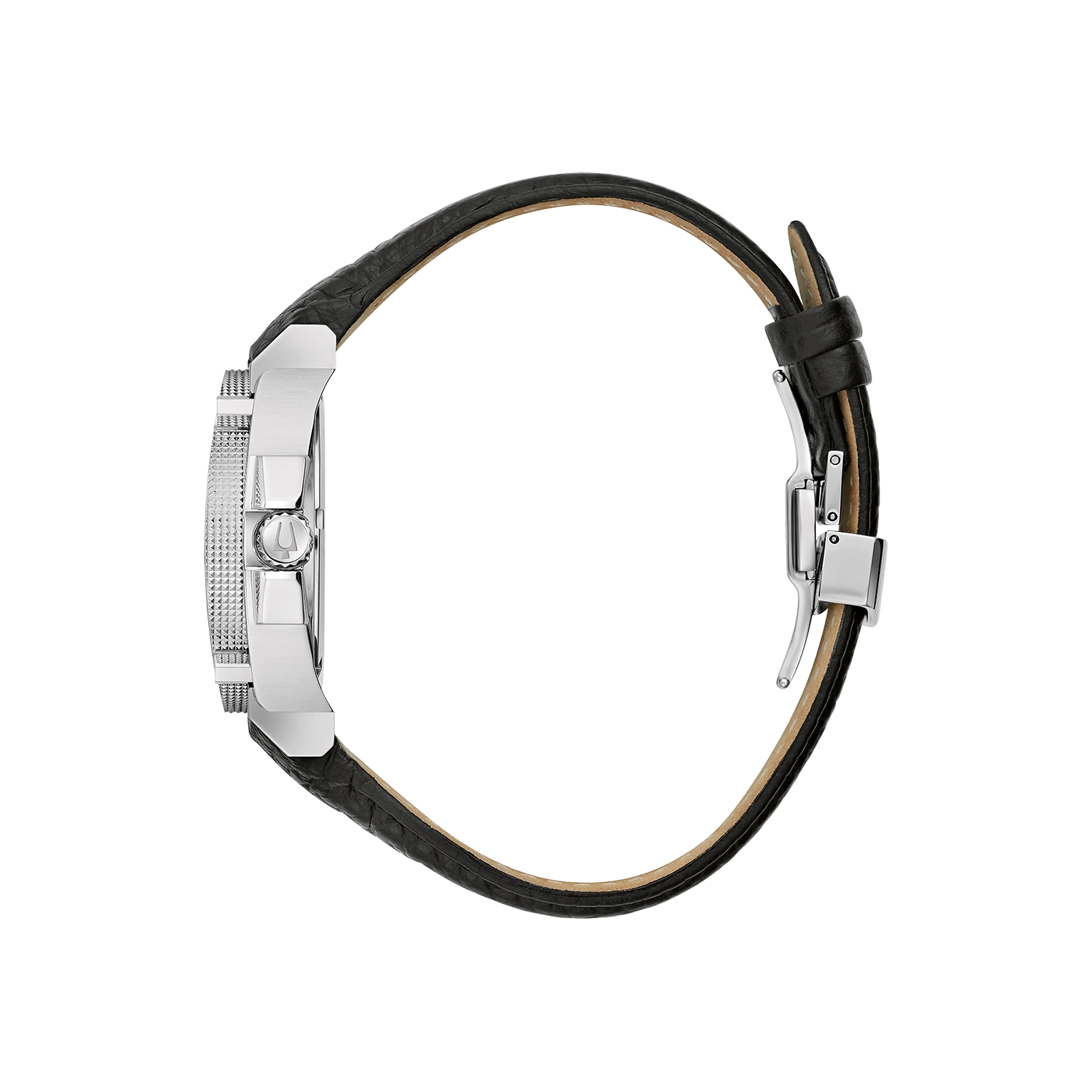 Horloge met zwart lederen band, zilveren kast, close-up, zijaanzicht, elegant