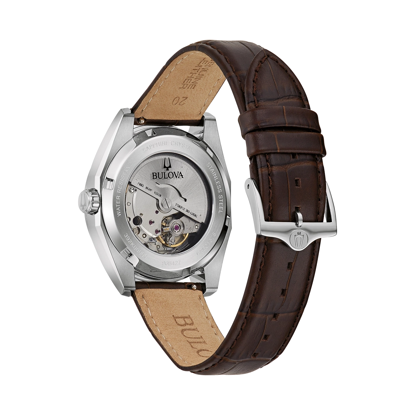 Bulova horloge met bruine leren band en saffierglas, roestvrij staal