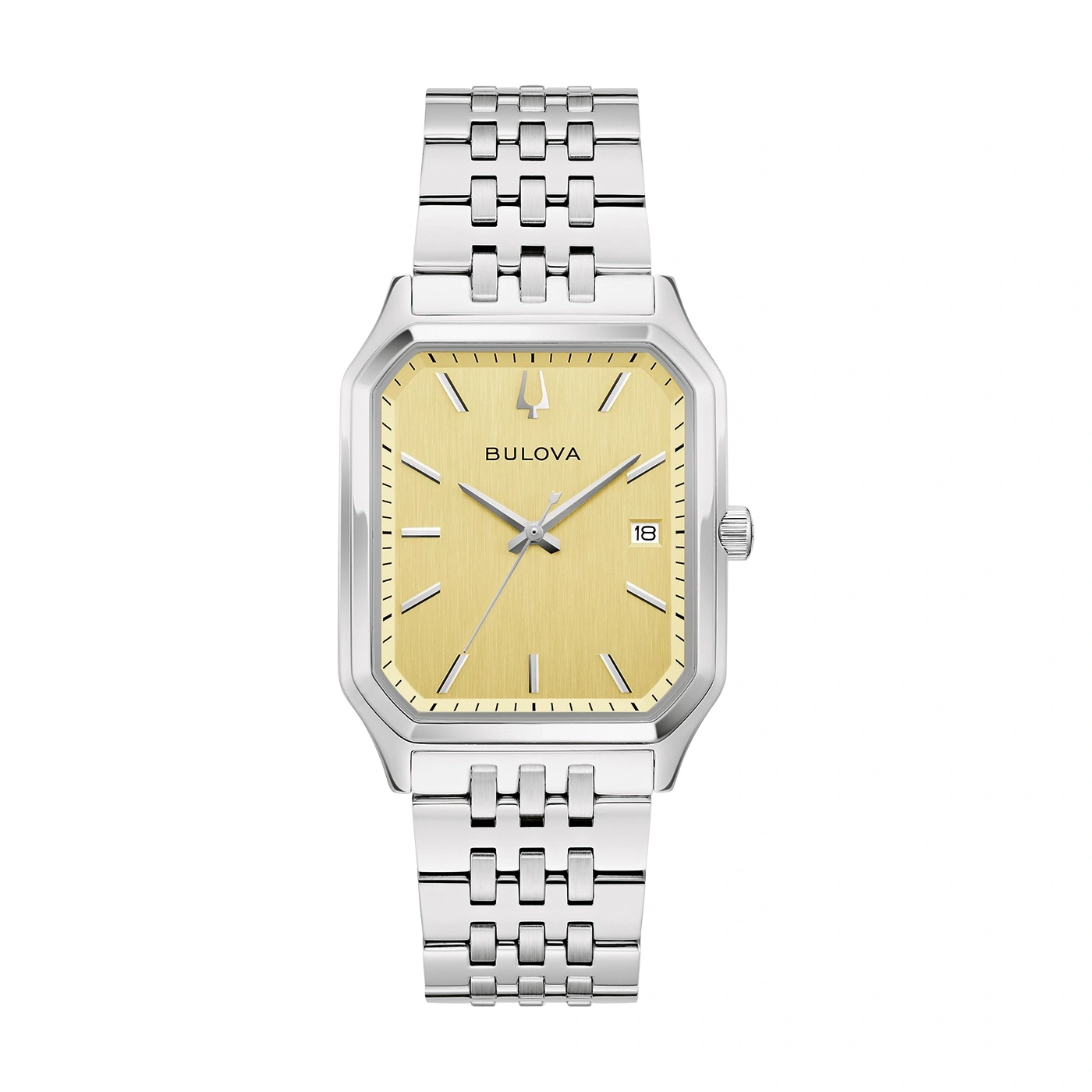 Bulova horloge met gouden wijzerplaat en zilveren band, vierkant design