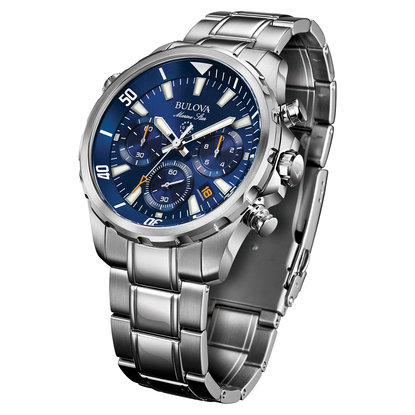 Bulova Marine Star horloge met blauwe wijzerplaat en zilveren armband