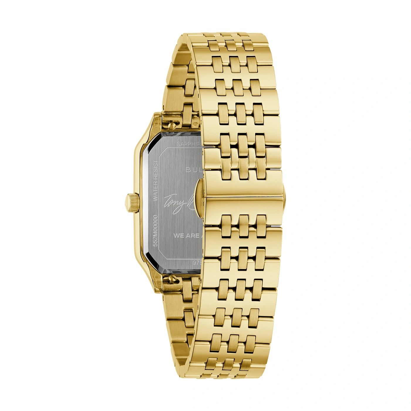 Gouden horloge met rechthoekige wijzerplaat en band, close-up