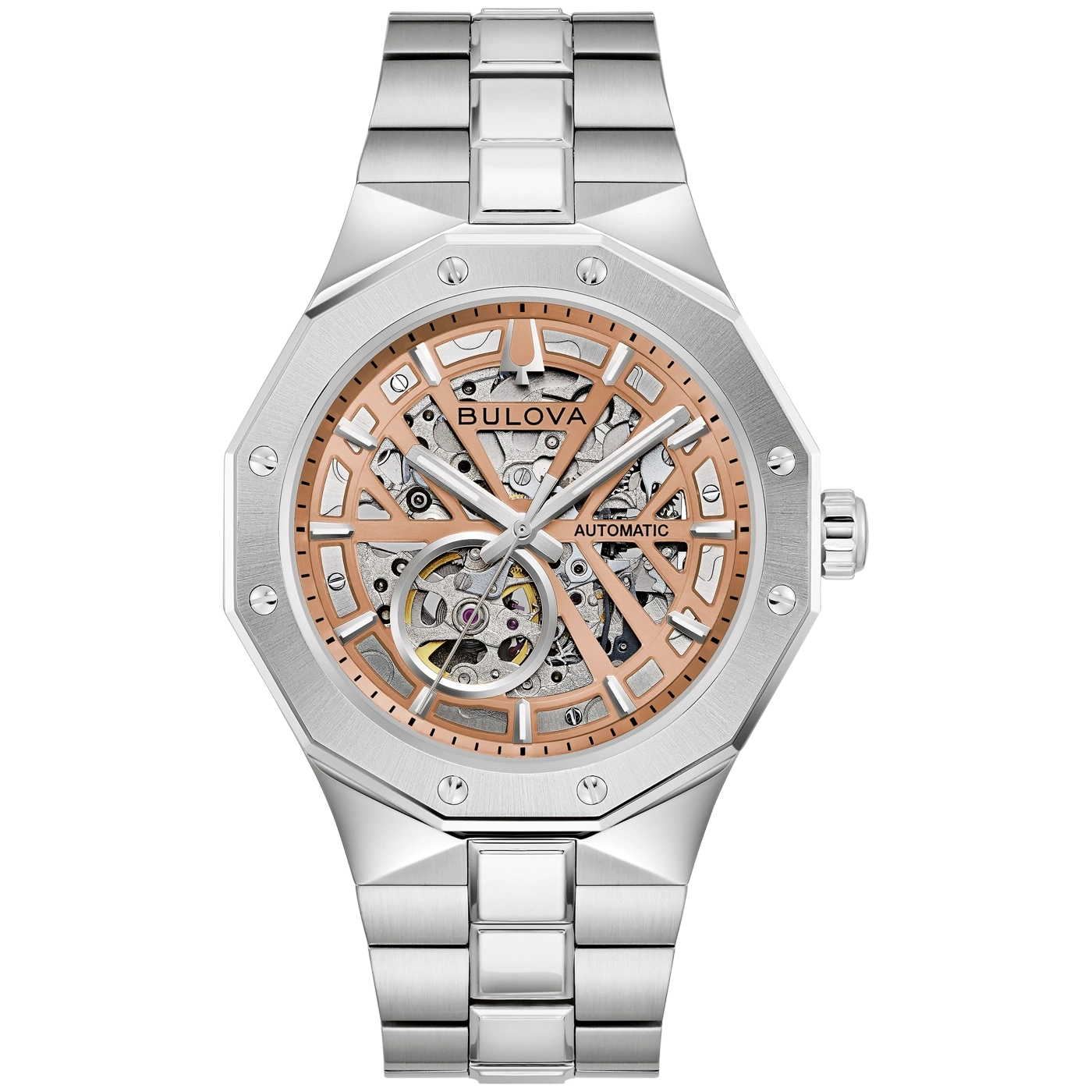 Zilveren Bulova automatische horloge met roségoud skelet wijzerplaat.