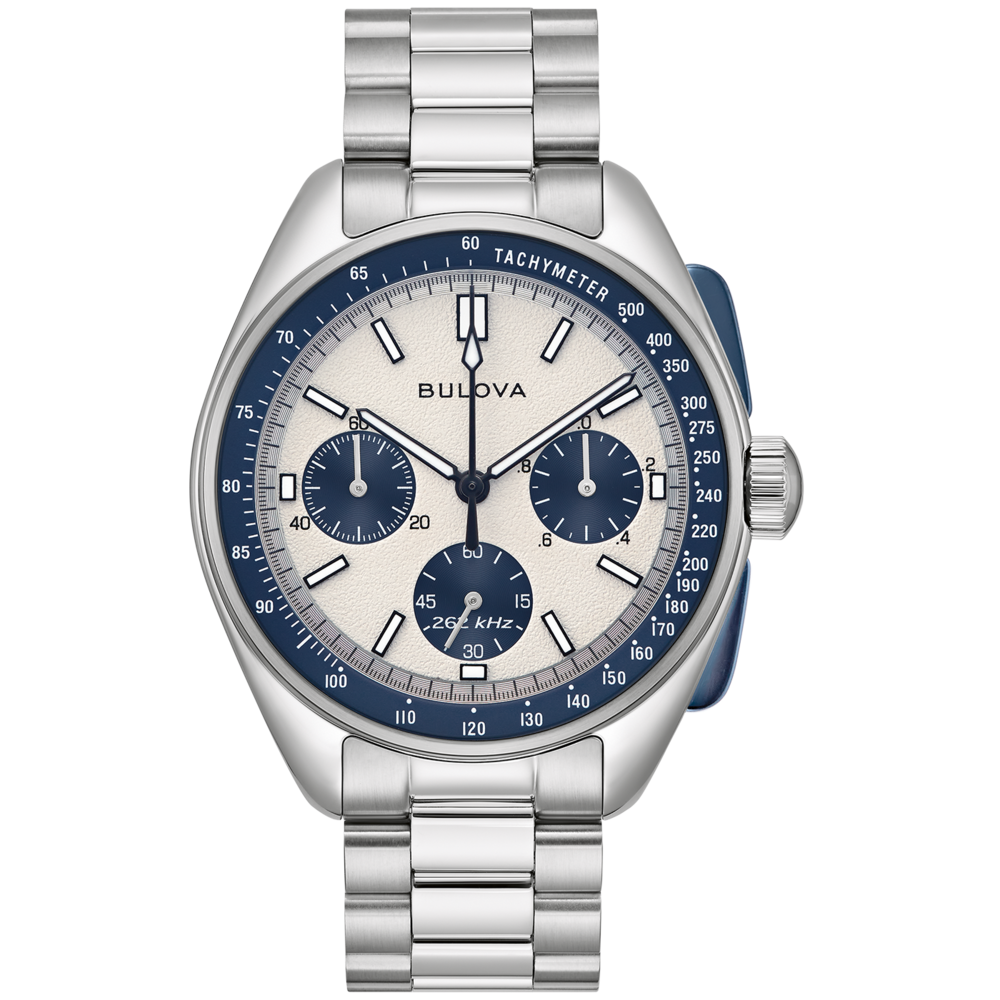 Bulova horloge met blauwe wijzerplaat en tachymeter, roestvrijstalen band.