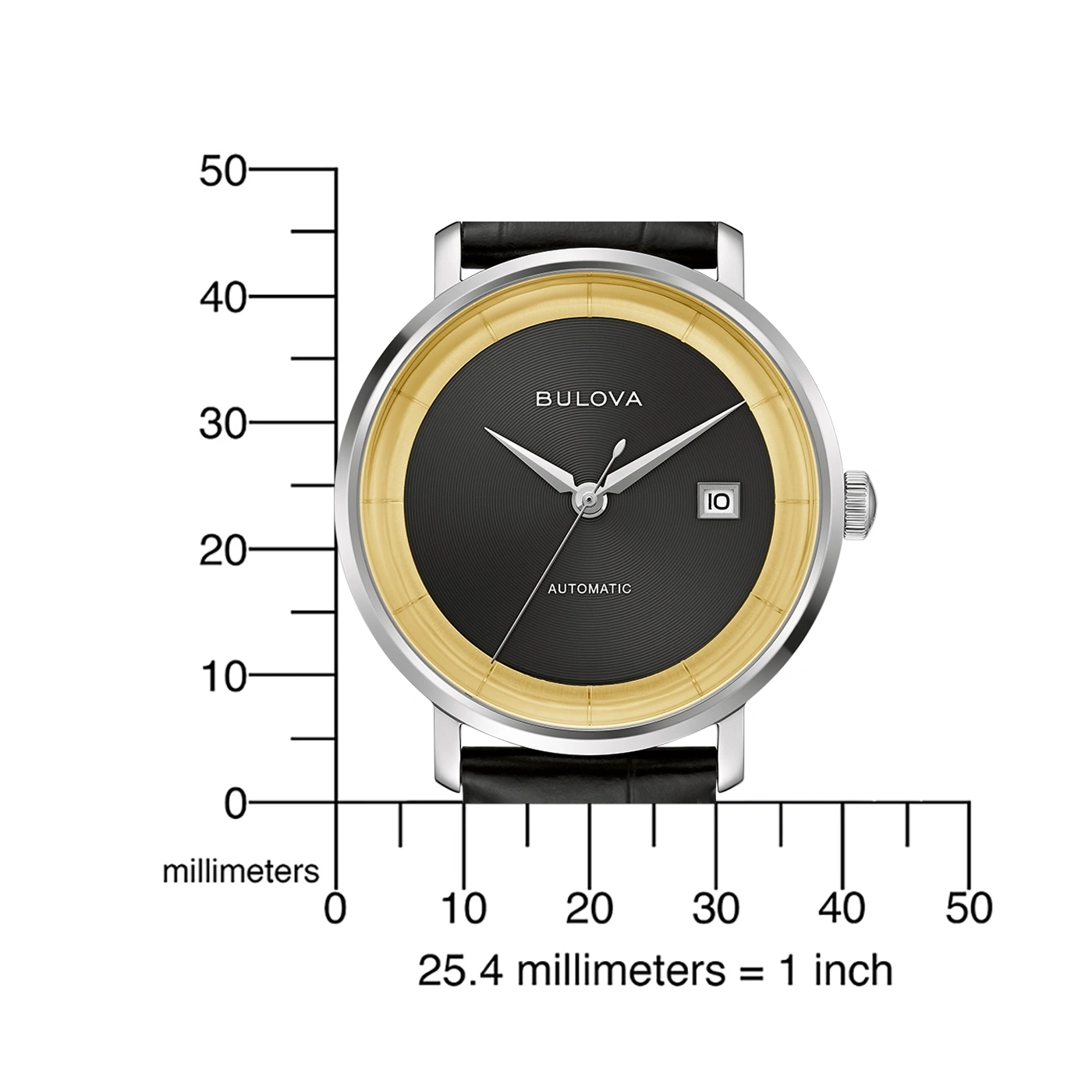 Bulova horloge met zwarte wijzerplaat en gouden rand, met millimeter schaal.