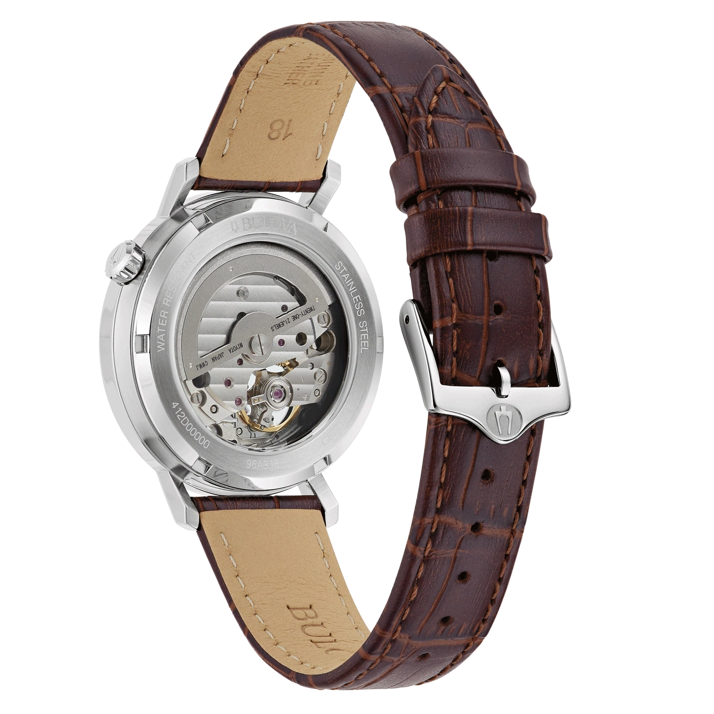 Bulova horloge, bruine leren band, roestvrij staal, transparante wijzerplaat, 21 juwelen, MIYOTA