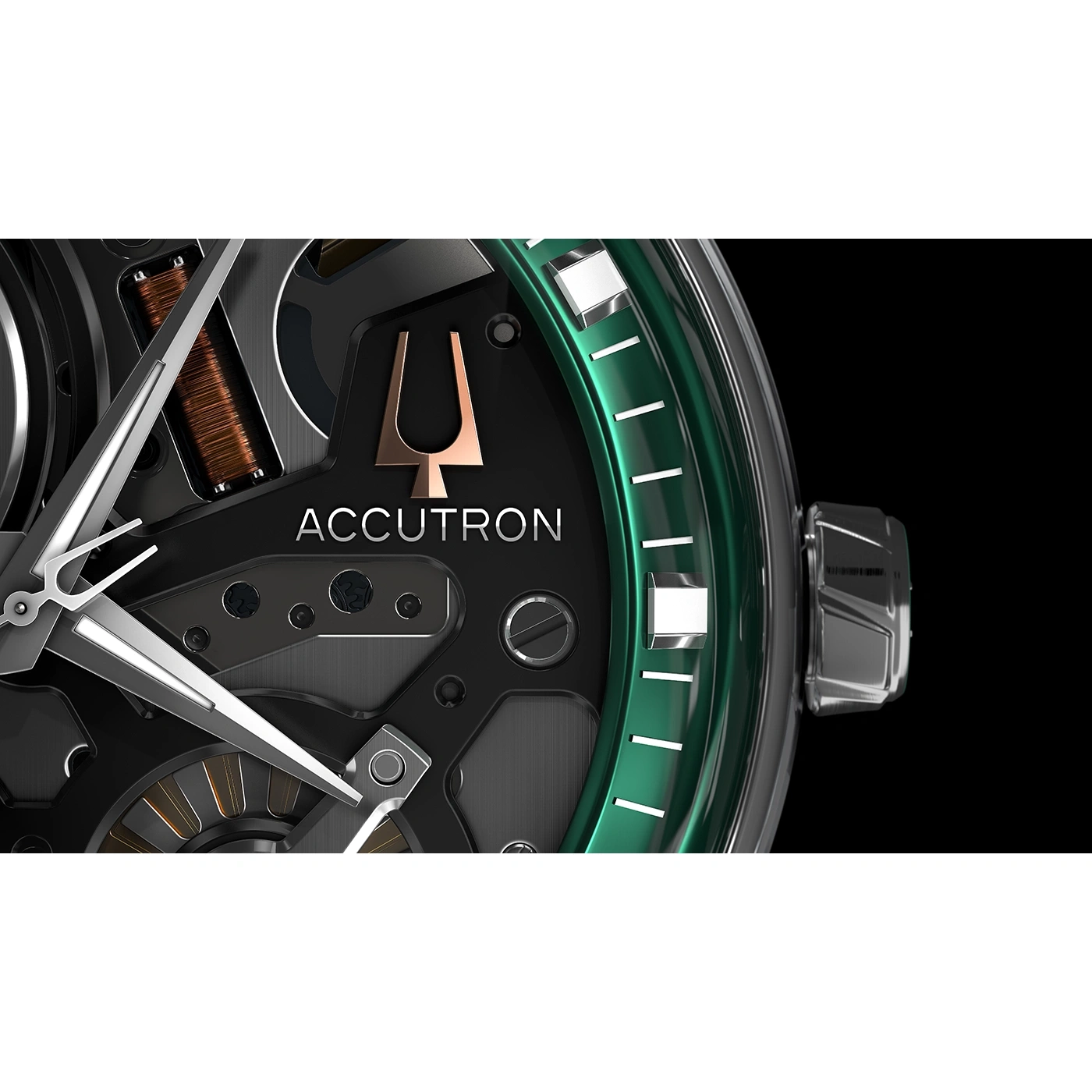 Close-up van een Accutron-horloge met groene wijzerplaat en zwarte achtergrond.