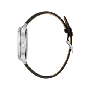 Horloge met zwart lederen band, zijaanzicht, zilveren kast, elegant ontwerp en stijlvol.