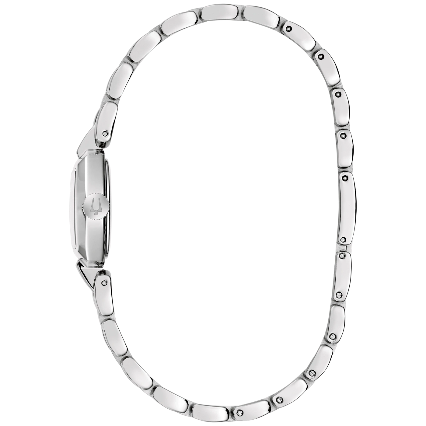 Een zilveren polshorloge met een gepolijste metalen band en het Bulova-logo aan de zijkant.