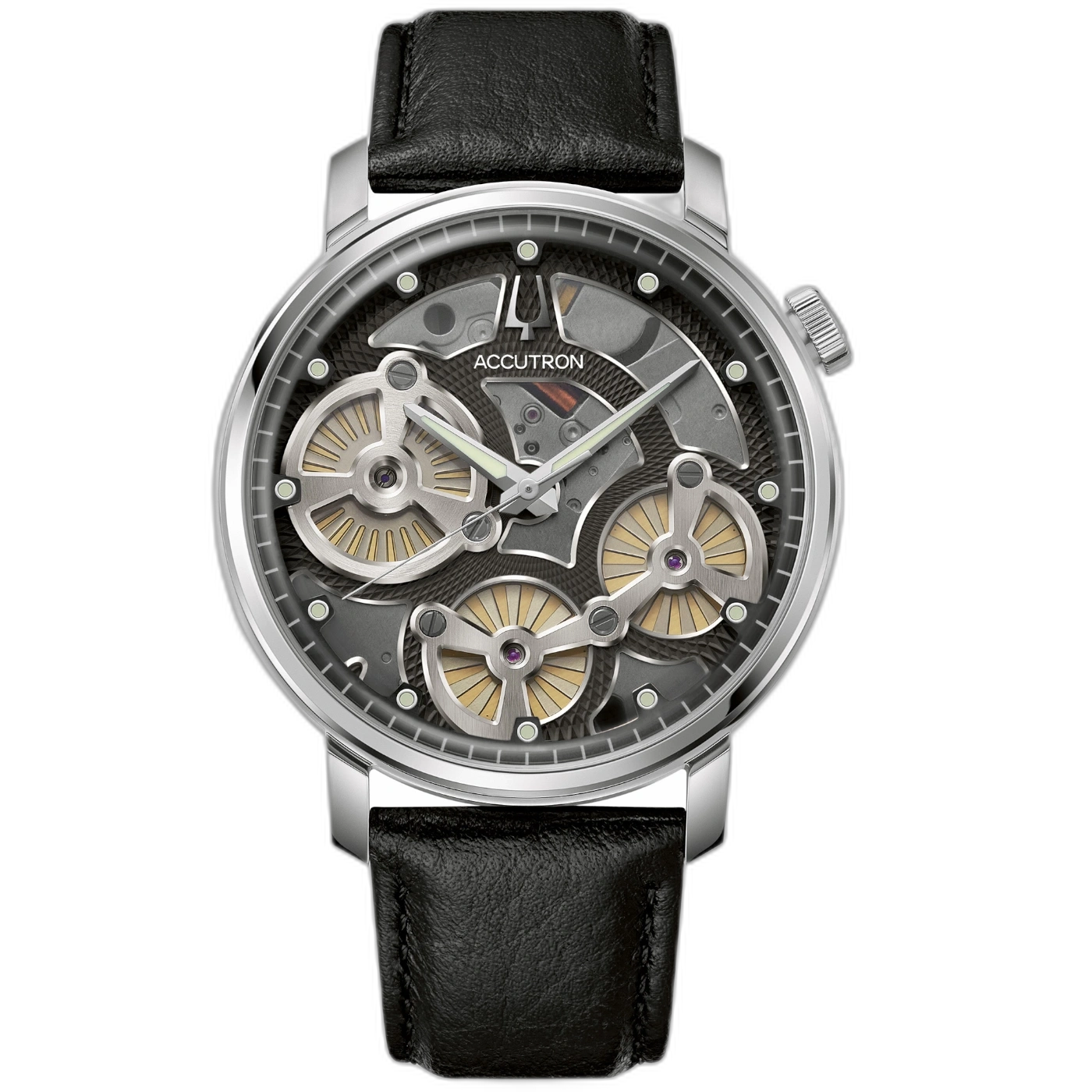 Accutron horloge met zwart lederen band en transparante wijzerplaat
