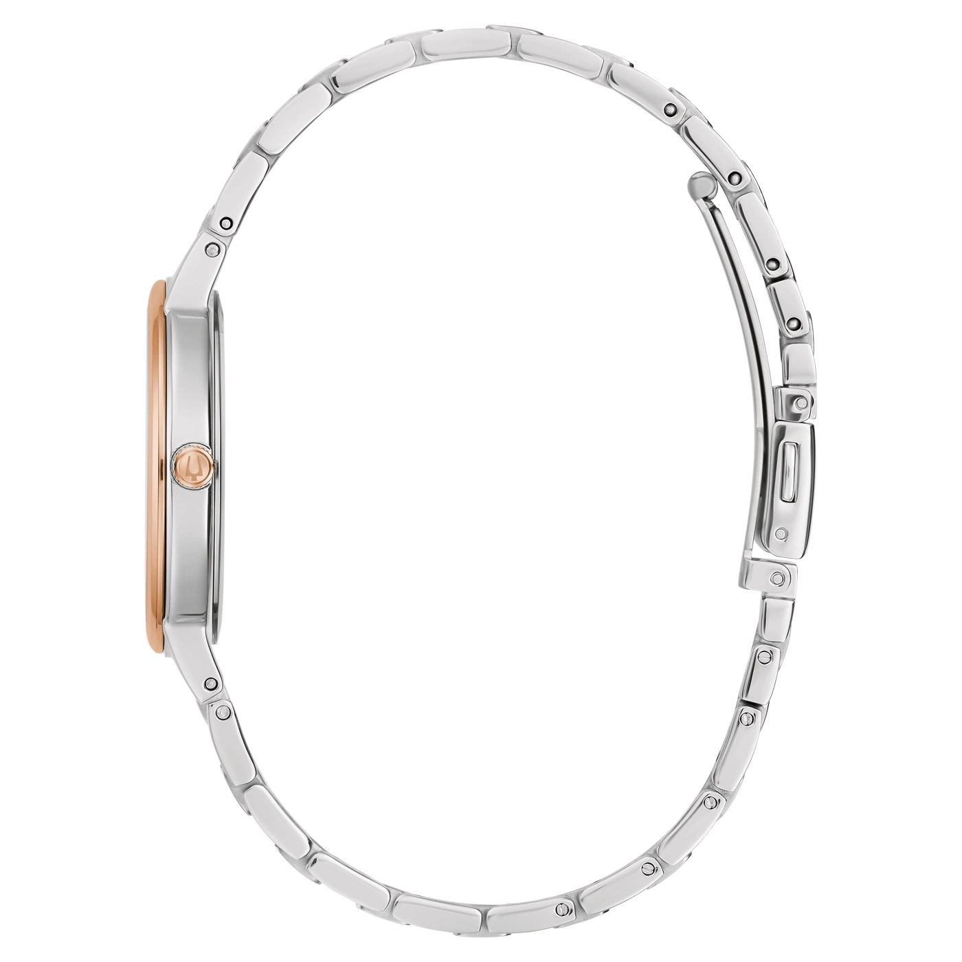 Horloge, zilveren band, roségouden wijzerplaat, zijaanzicht, elegant ontwerp, accessoire