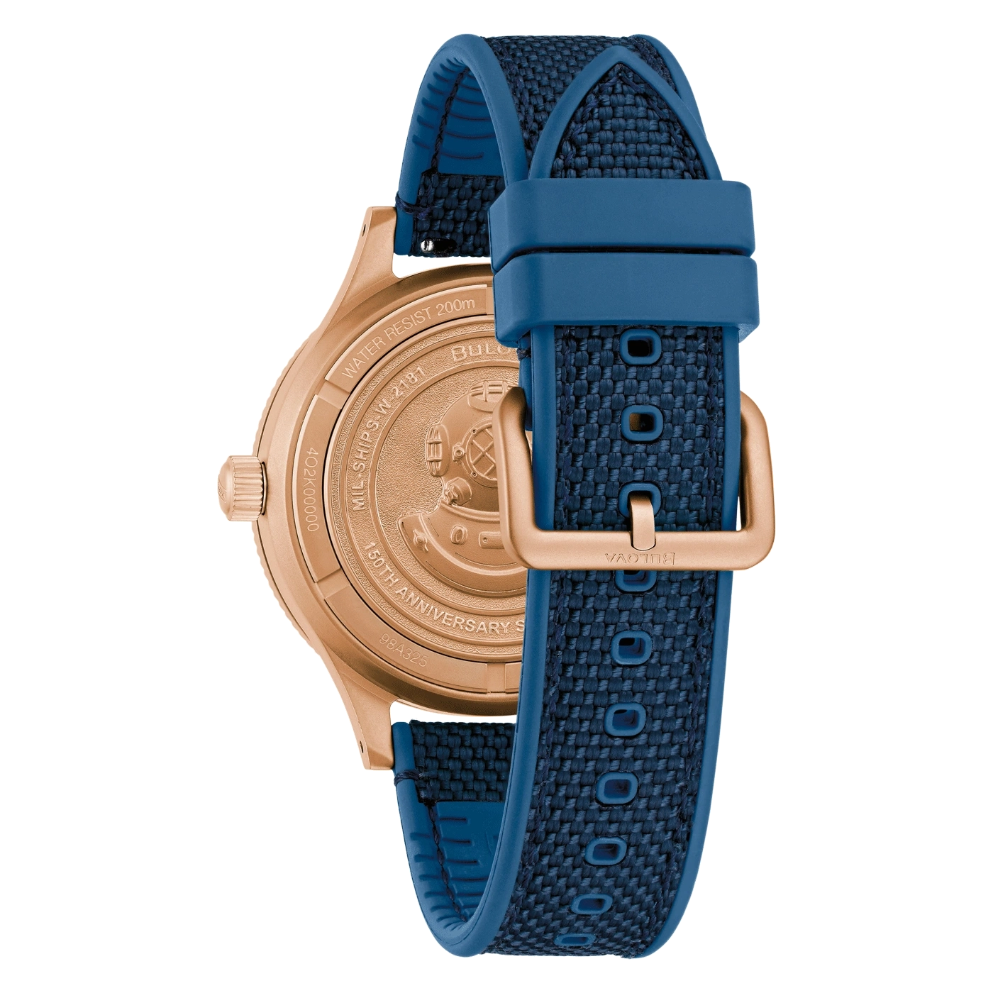 Bulova horloge, blauwe band, gouden kast, 150-jarig jubileum, waterbestendigheid 200m.