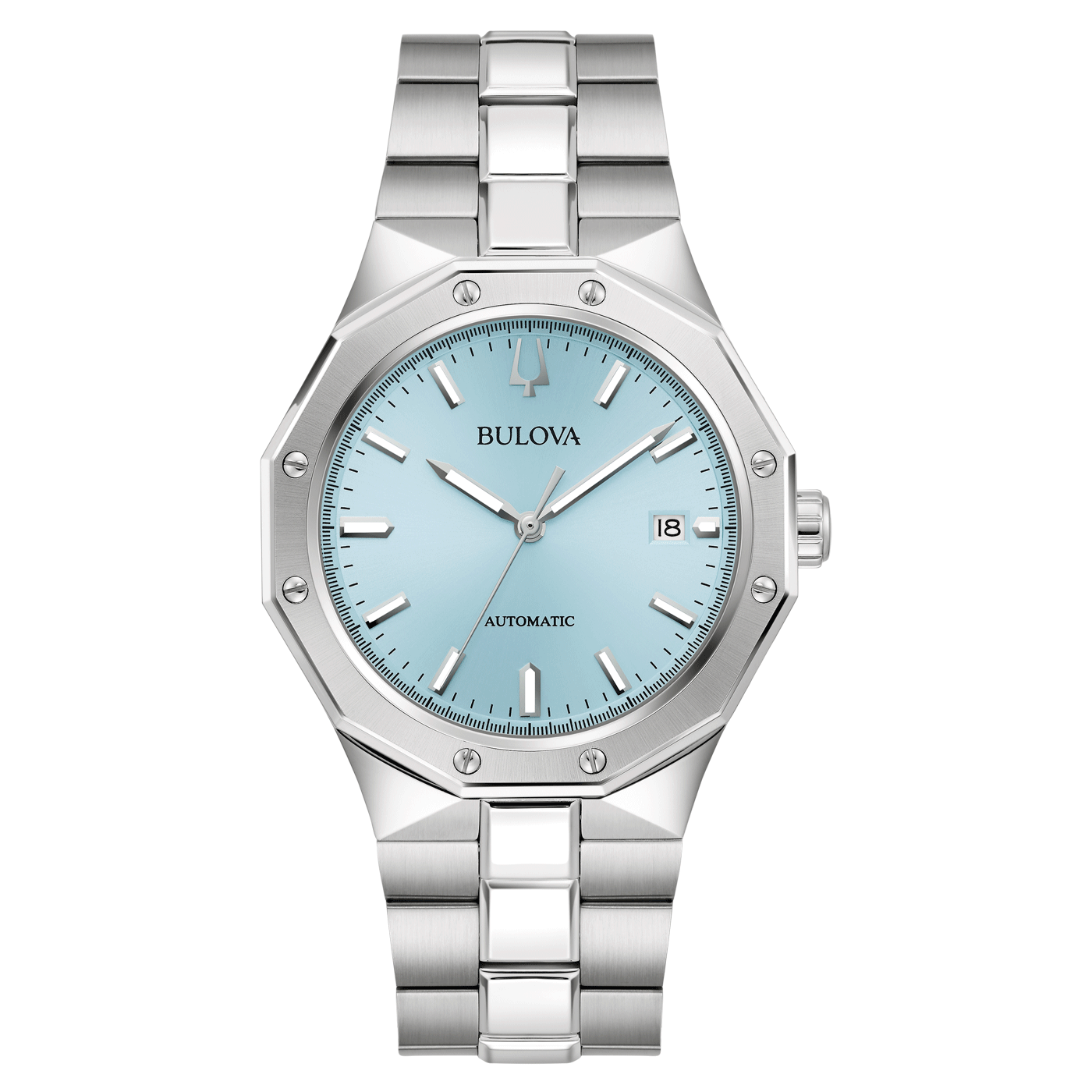 Bulova horloge met lichtblauwe wijzerplaat en zilveren band, automatisch