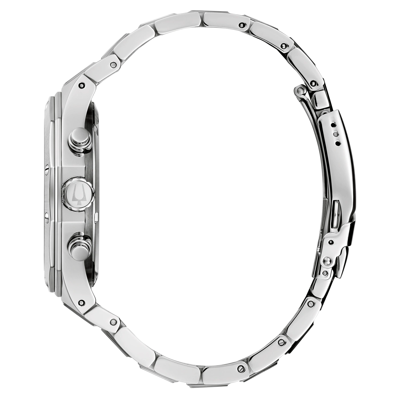 Zilveren horloge met armband, zijaanzicht, glanzend, elegant, modern, accessoire, tijdwaarnemer, chronograaf