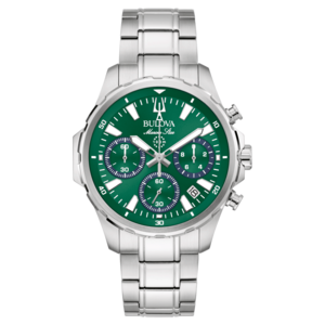 Bulova Marine Star horloge, groen, zilveren band, chronograaf, 100m waterdicht, datumweergave.