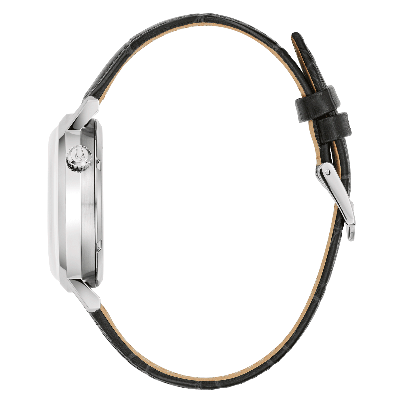 Zijaanzicht van een horloge met zwart leren bandje, zilveren kast, elegant design