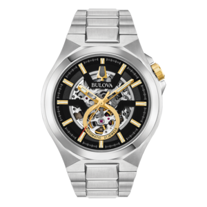 Bulova herenhorloge, zilveren kast, zwarte wijzerplaat, gouden accenten, automatisch