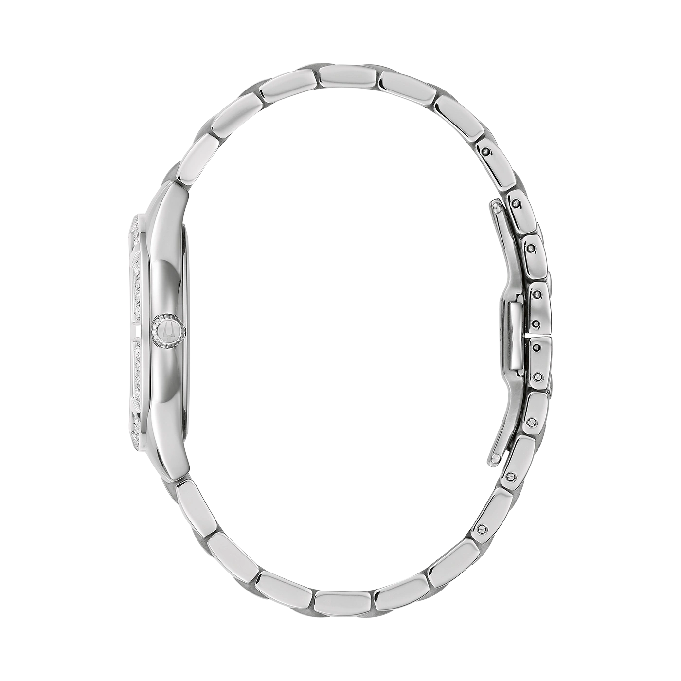 Zilveren dameshorloge met diamanten en armband. Elegant ontwerp, detailopname.