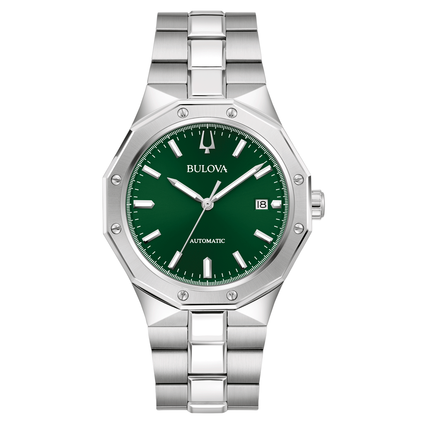 Bulova horloge met groene wijzerplaat en zilveren band, automatisch