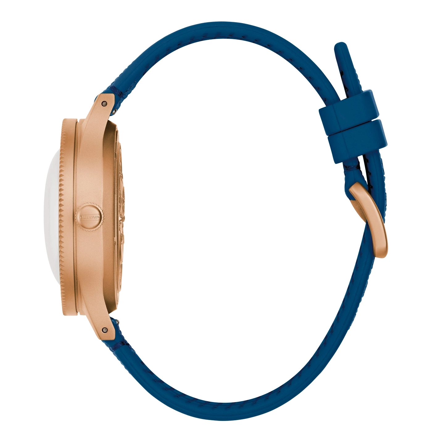 Horloge met blauwe band en roségouden kast, close-up, zijaanzicht