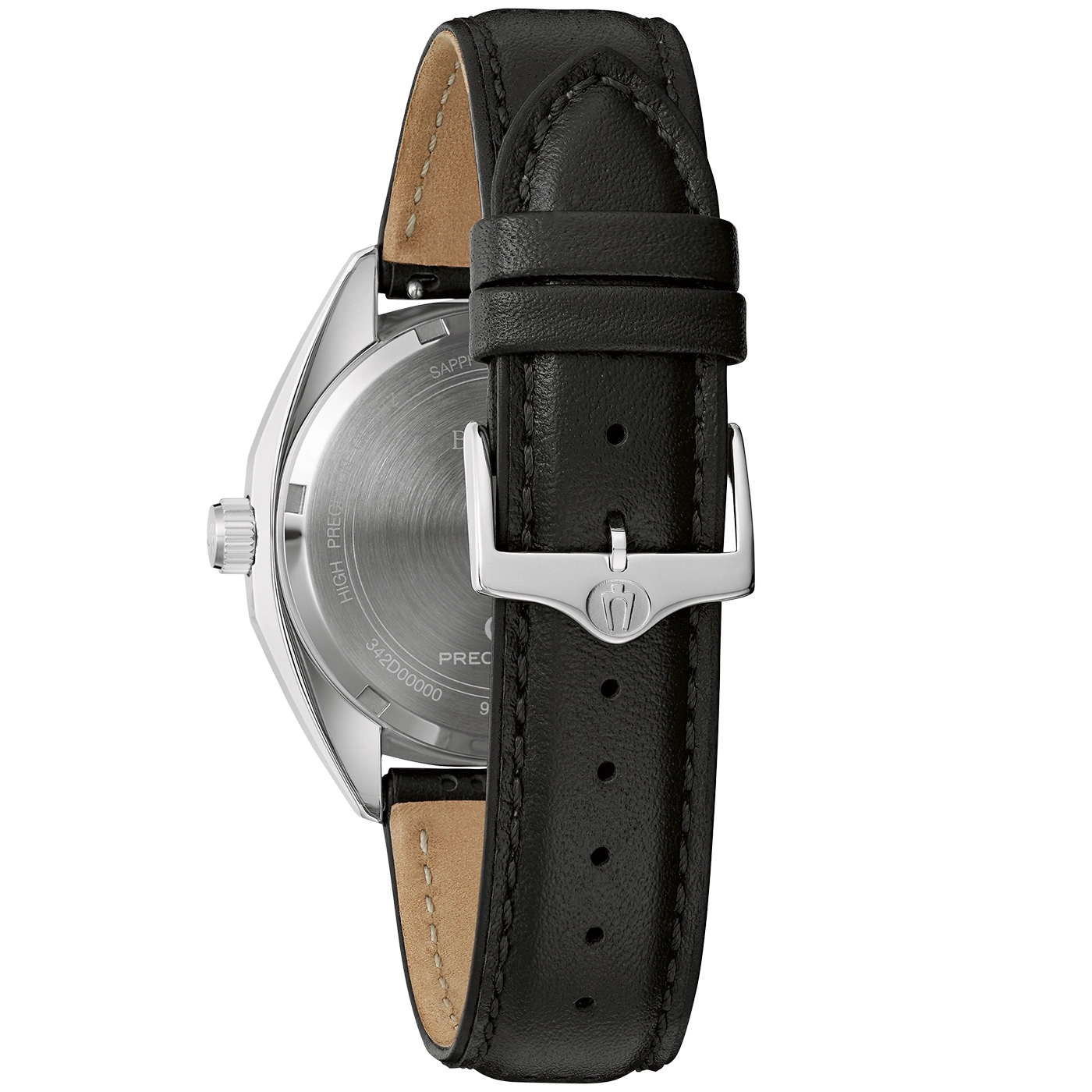 Zwarte horloge met leren band en zilveren gesp, close-up