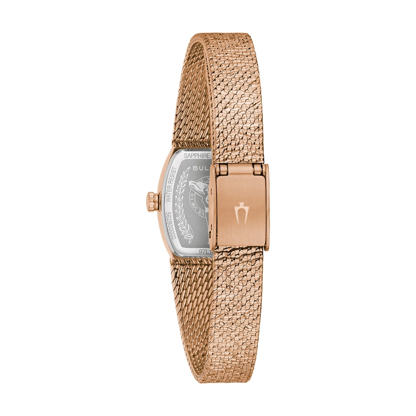 Rosegouden dameshorloge met mesh band, detailopname, close-up, witte achtergrond