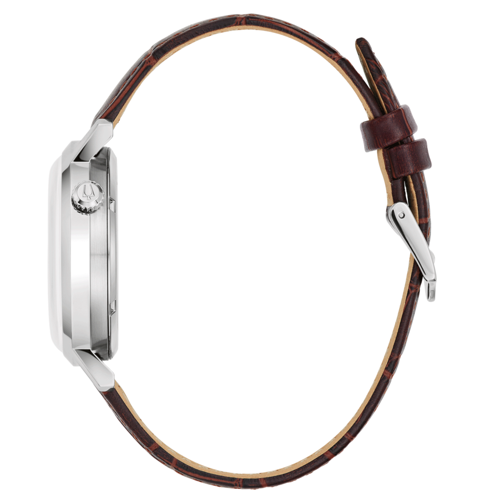 Horloge met bruine leren band, zijaanzicht, zilveren kast, close-up detail