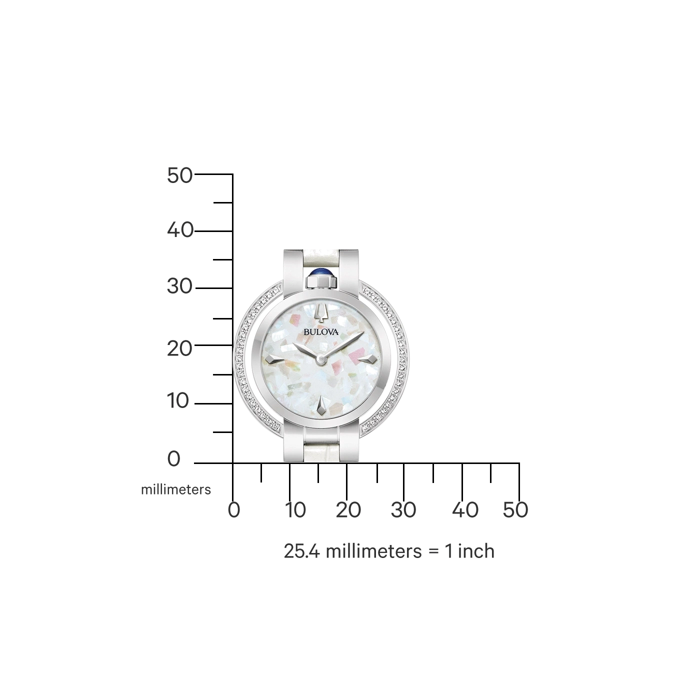 Horloge met diamanten, parelmoer wijzerplaat, Bulova logo, millimeterschaal, 25,4 mm = 1 inch.