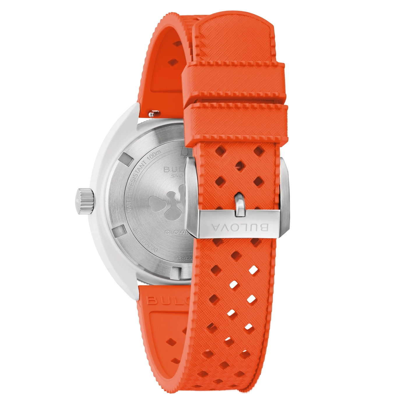 Bulova-horloge met oranje band, detailopname, close-up, witte wijzerplaat