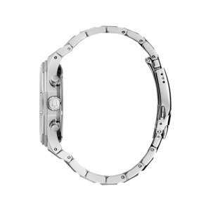 Zilveren horloge met armband, zijaanzicht, detailopname, elegant, modern