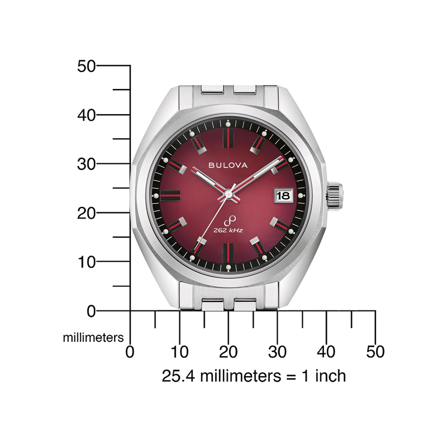 Bulova horloge met rode wijzerplaat en datumweergave, millimeter schaal.