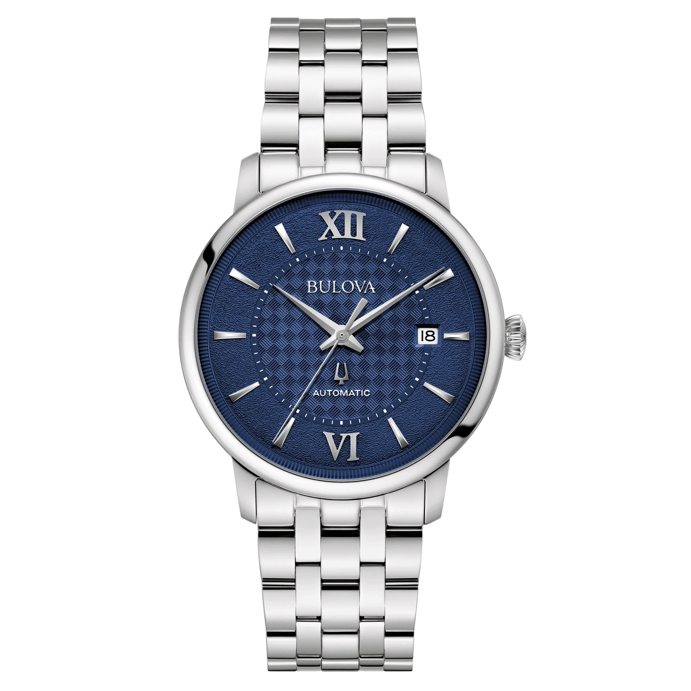 Bulova horloge met blauwe wijzerplaat en zilveren band, automatisch