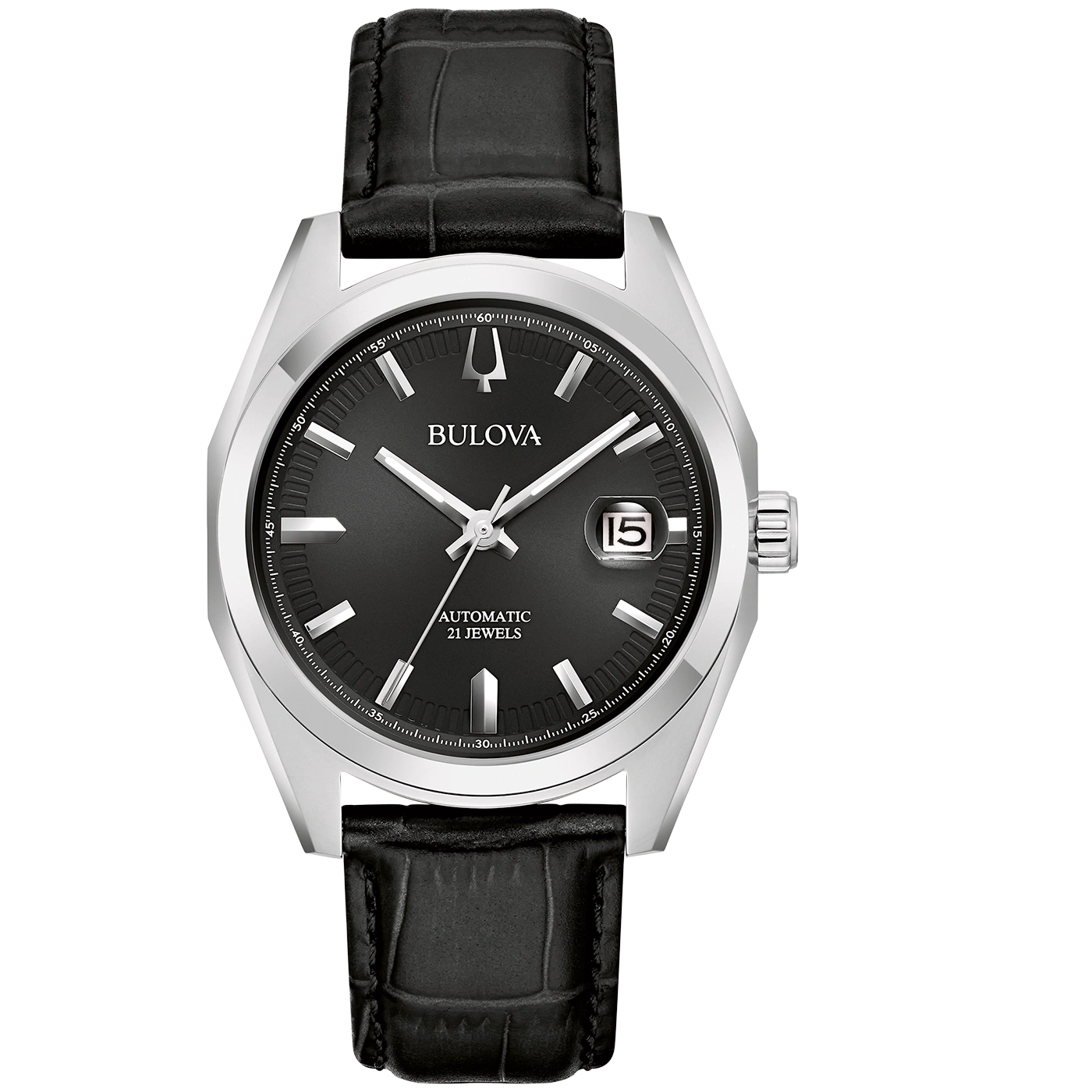 Bulova horloge, zwarte wijzerplaat, leren band, datum, automatisch, 21 juwelen.