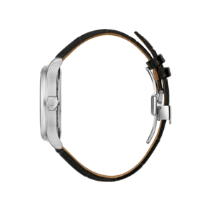 Horloge met leren band, zilveren kast en zwarte achtergrond, zijaanzicht