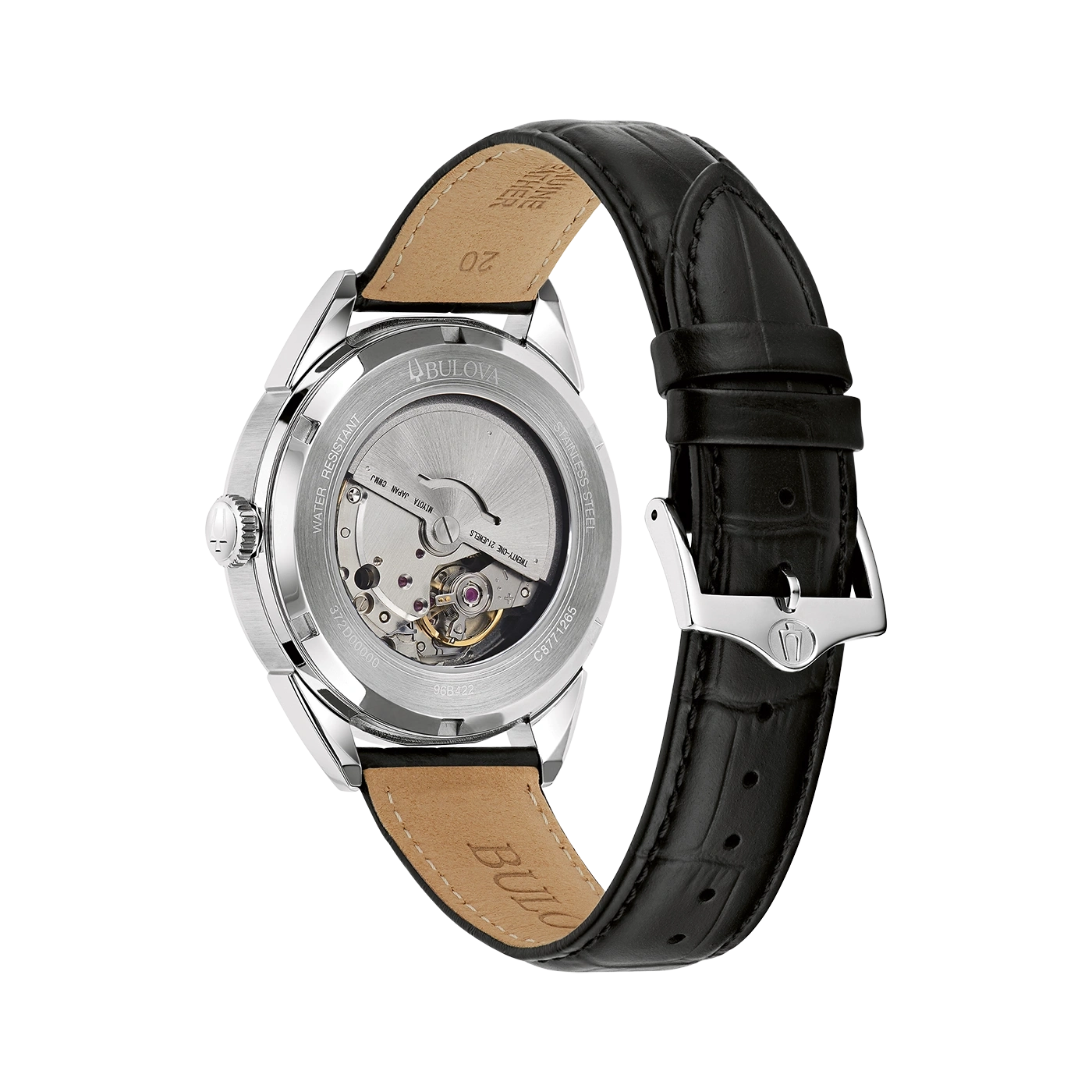 Bulova horloge, roestvrij staal, leren band, waterbestendig, Japans uurwerk, 21 juwelen.