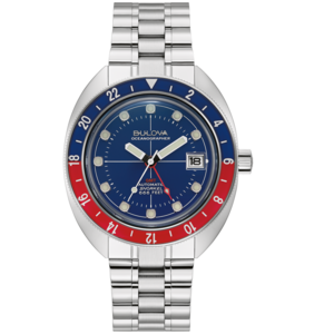 Bulova Oceanographer horloge, blauwe wijzerplaat, GMT, automatisch, 666 voet, roestvrijstalen band.