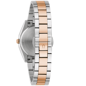 Horloge, metalen band, zilver en roségoud, waterdicht, detailopname, close-up