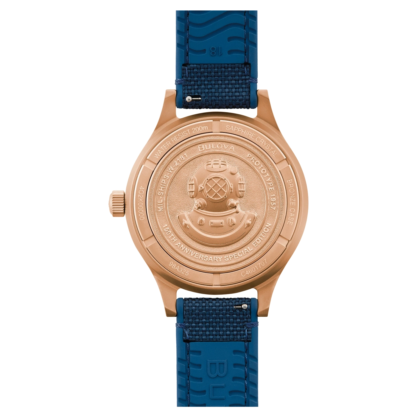Bulova horloge, bronzen kast, 150 jaar jubileum, blauwe band, waterdicht tot 200m.