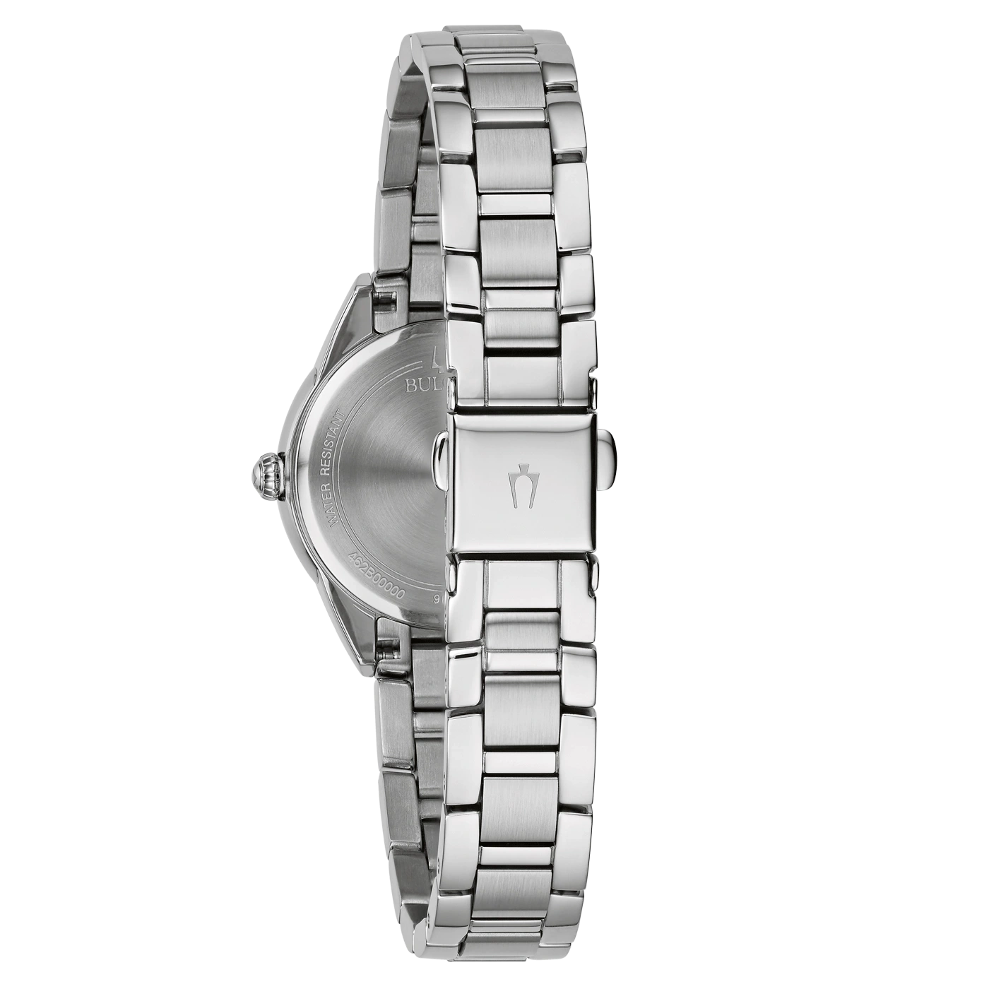 Achterkant van zilveren horloge met armband en logo, waterdicht