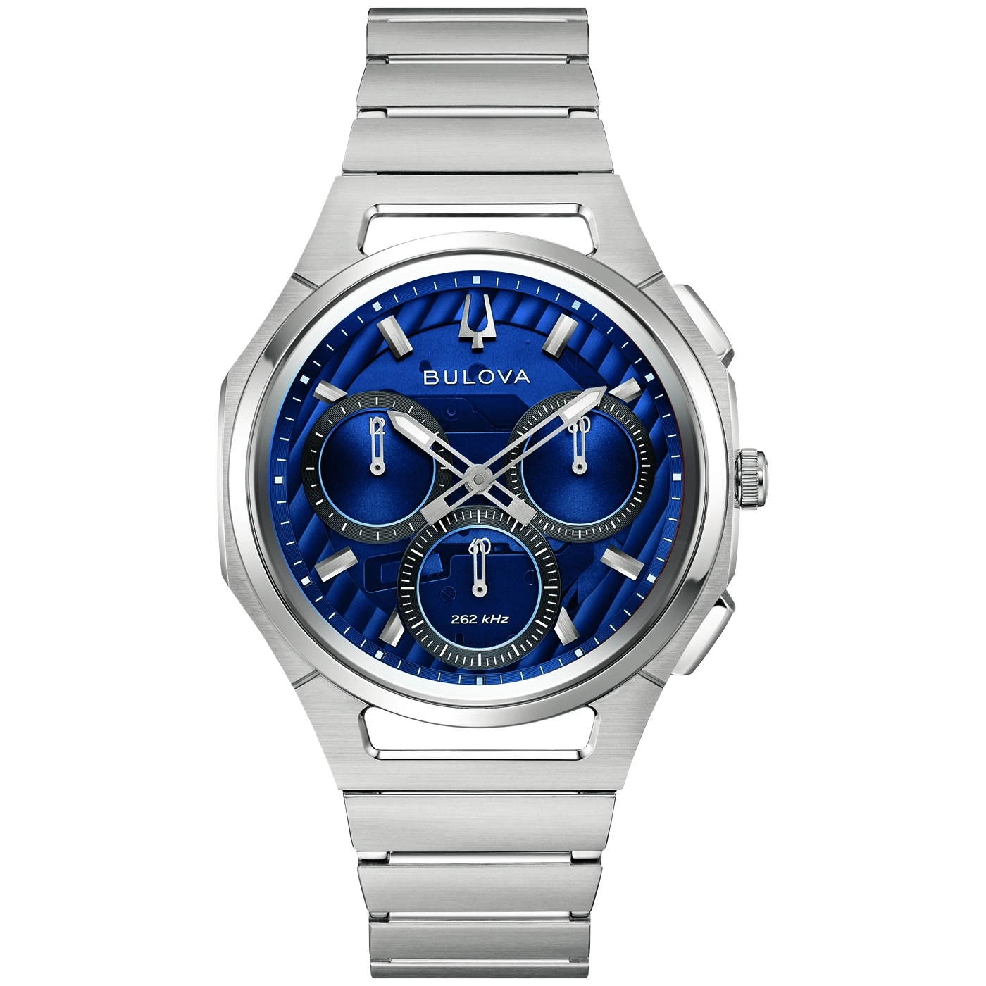 Zilveren Bulova horloge met blauwe wijzerplaat en chronograaf sub-wijzerplaten