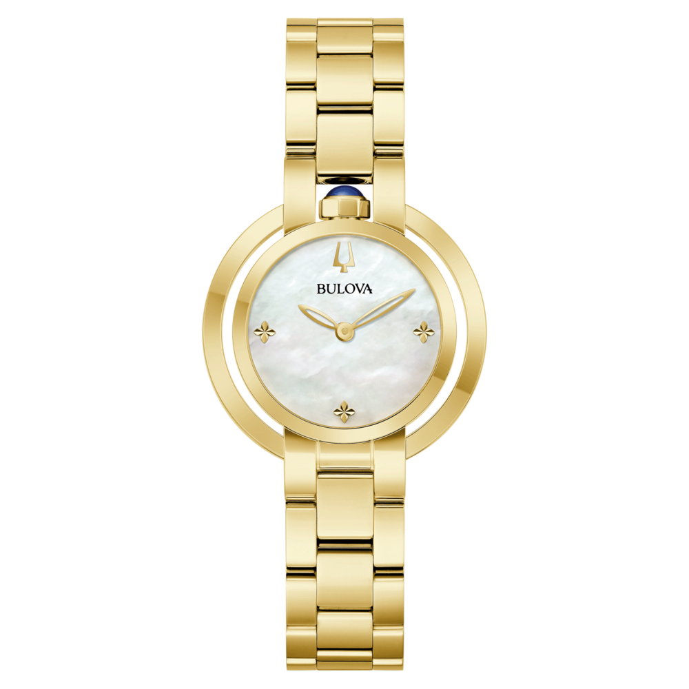 Gouden Bulova horloge met parelmoer wijzerplaat en diamanten, elegant.